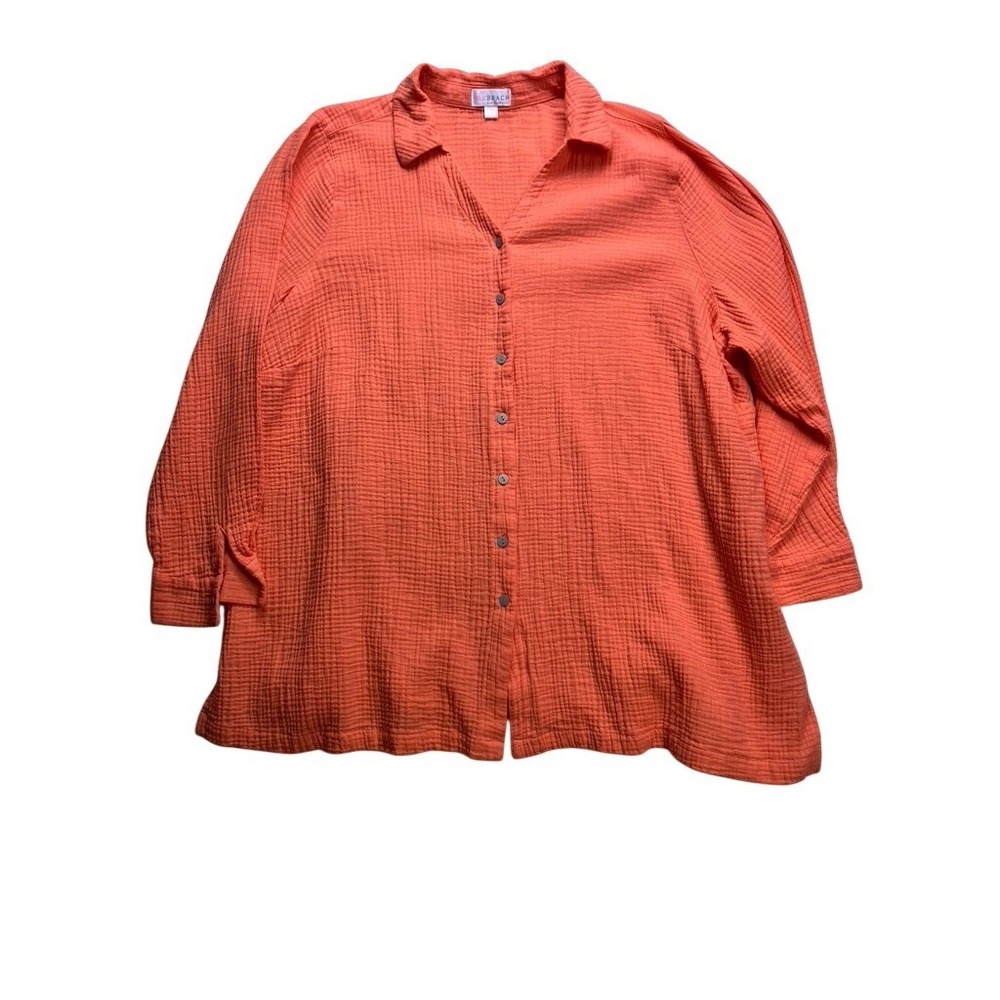 Belle Beach Kim Gravel Button Front Top Womens 3X Orange Cotton‎ Gauze